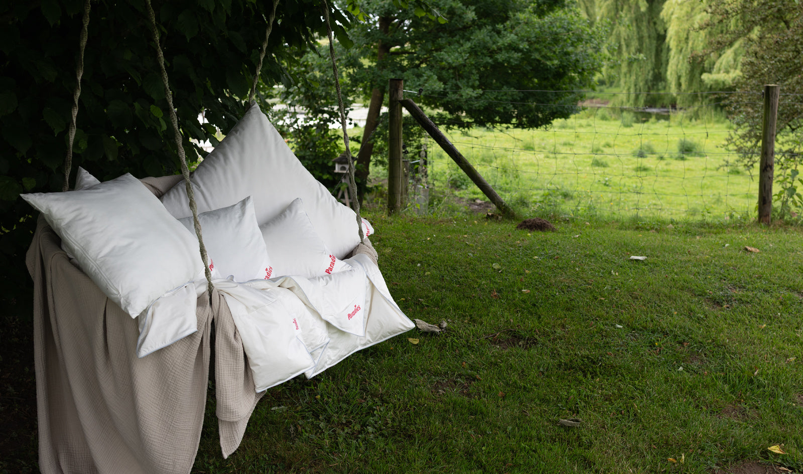 Weiße Paradies Softy Kissen auf einer Bank im Garten neben einem Zaun und grünen Bäumen
