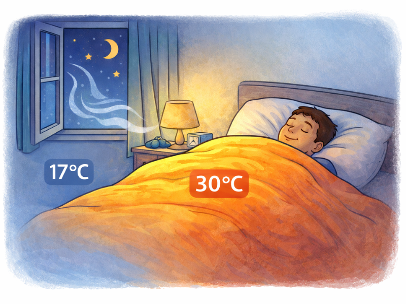 Mann liegt  unter der warmen Bettdecke im kalten Schlafzimmer